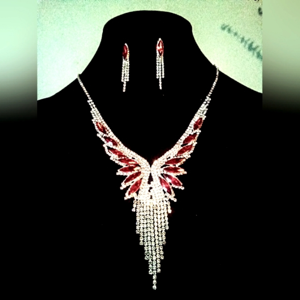 Elegant Red and Silver Prom Wedding Banquet Crystal Necklace Set